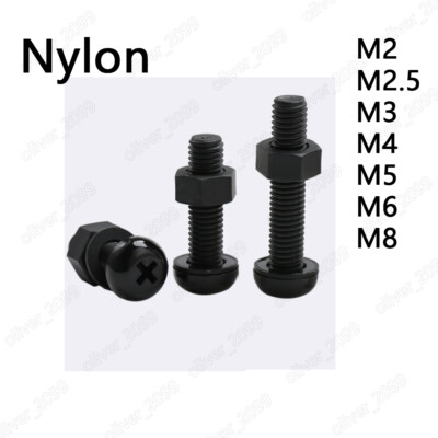 Black Nylon Phillips Pan Head Screws With Hex Nuts Flat Washer M2 M3 M4 M5 M6 M8
