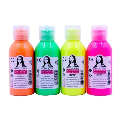 BASTELZONE Neon-Acrylfarben-Set. 4 Farben je 100 ml. Leuchtende Malfarben für Kinder