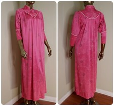 VTG Floral Pink Granny Nightgown 80's 90's Grandma Quilted Chest 3/4 Long Sleeve