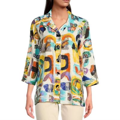 Ali Miles Linen Shirt Tunic Top Women's 2X Button Up Blouse 3/4 Sleeve White