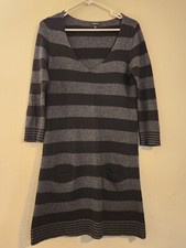 Express Medium Black & Gray V-Neck Striped Sweater Dress Pockets Wool Blend Y2K