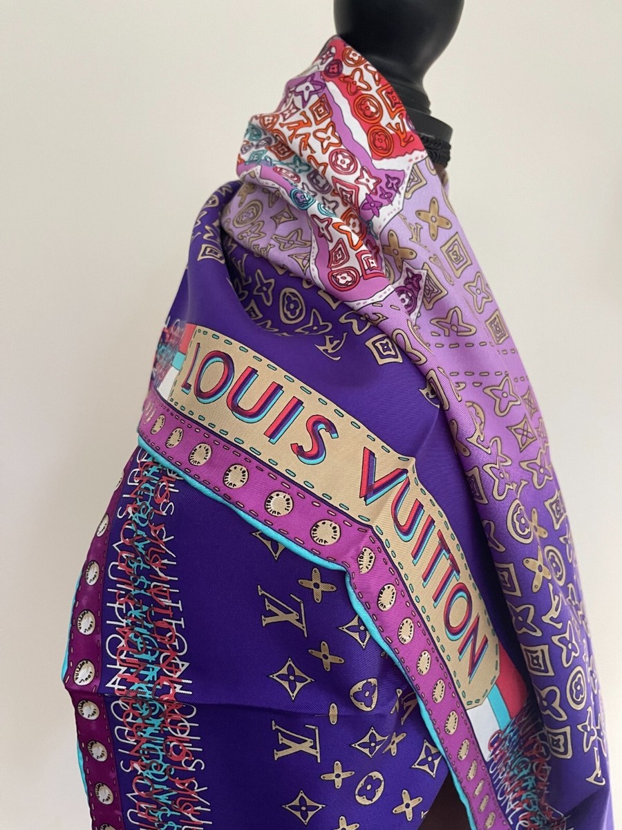 ルイヴィトン　カラフル グラフィックプリント ストール Louis Vuitton Silk Wrap Monogram Logo Map Multicolor Purple