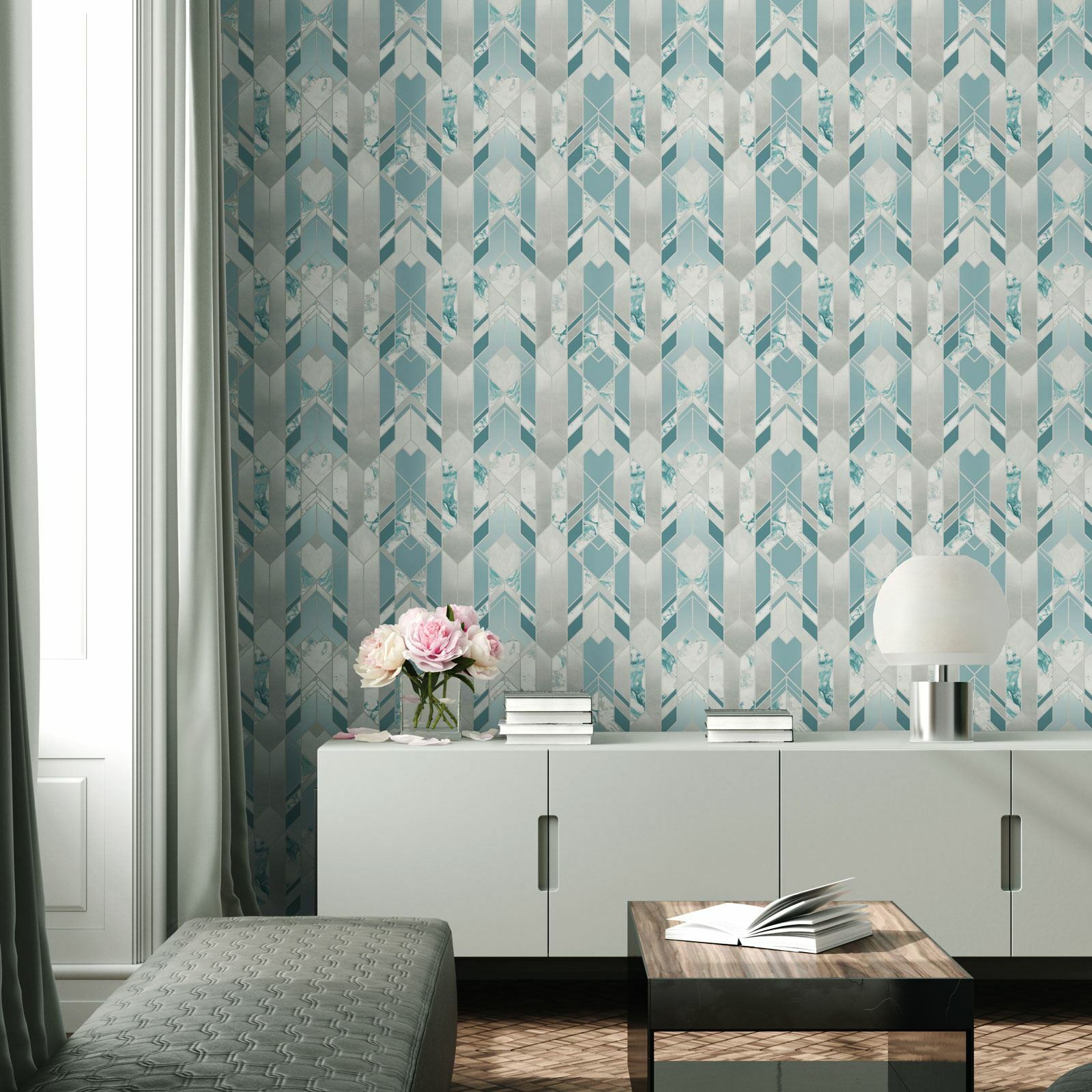 Muriva Elixir Geometric Marble Wallpaper Teal / Silver 167503 Metallic