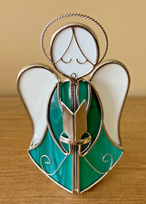 Vintage Stained Glass Singing Angel with Songbook approx 7" tall - Teal color