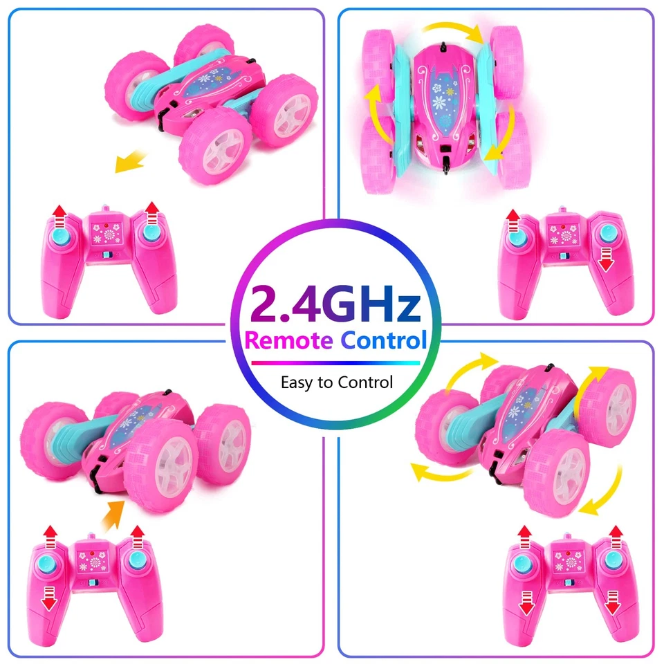 Coche para niñas con control remoto rosa - Juguete acrobacial abatible 360° con faros Foto 3 de 4
