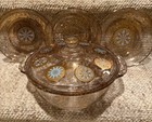 Vtg Fire King Gold Splatter W/Blue 2 Quart Glass Casserole Dish w /Lid & 3 Bowls — photo 3