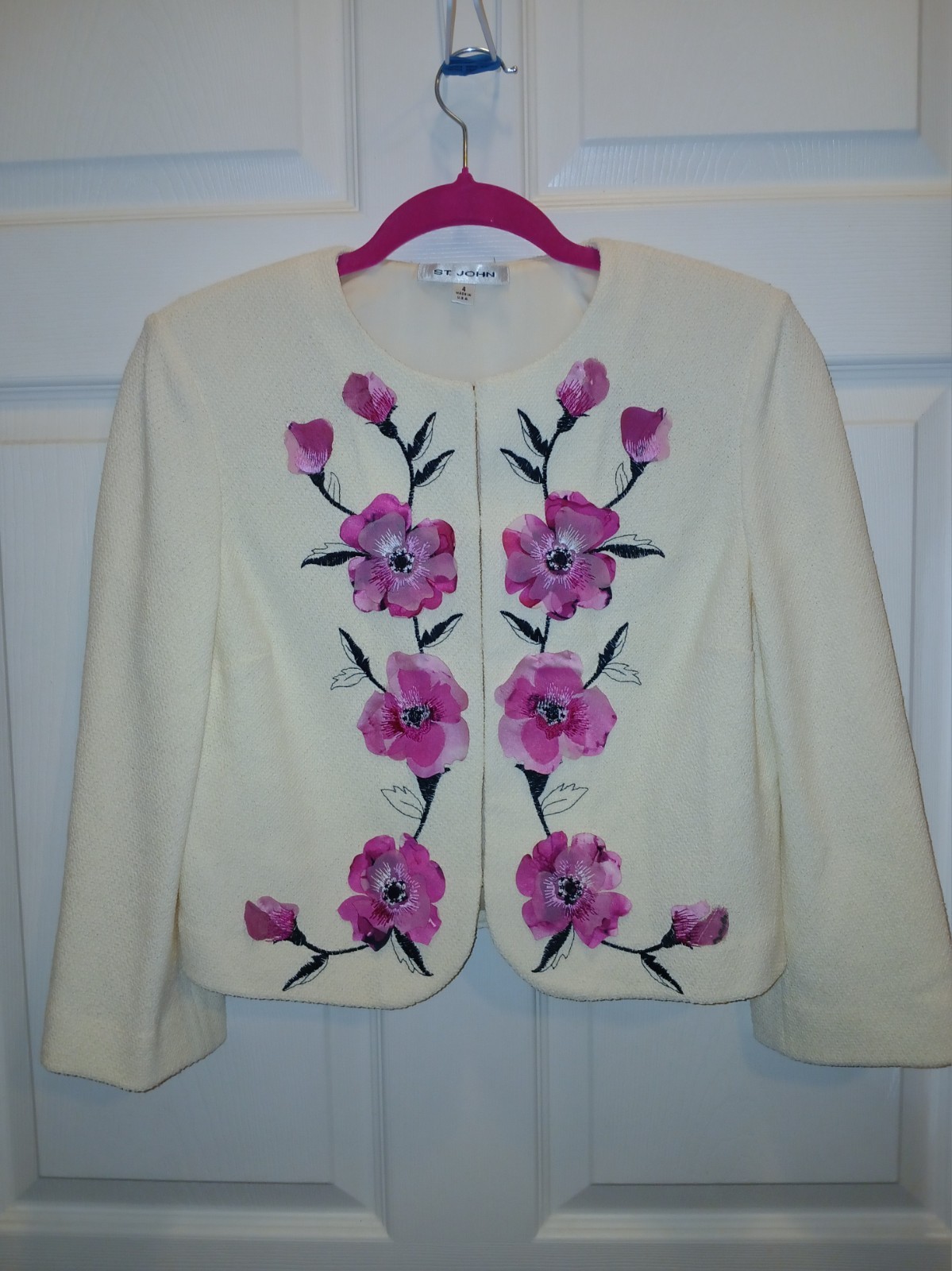 St. John Women’s 4 Cream Blazer Wool Blend Floral Embellished Embroidered Luxury