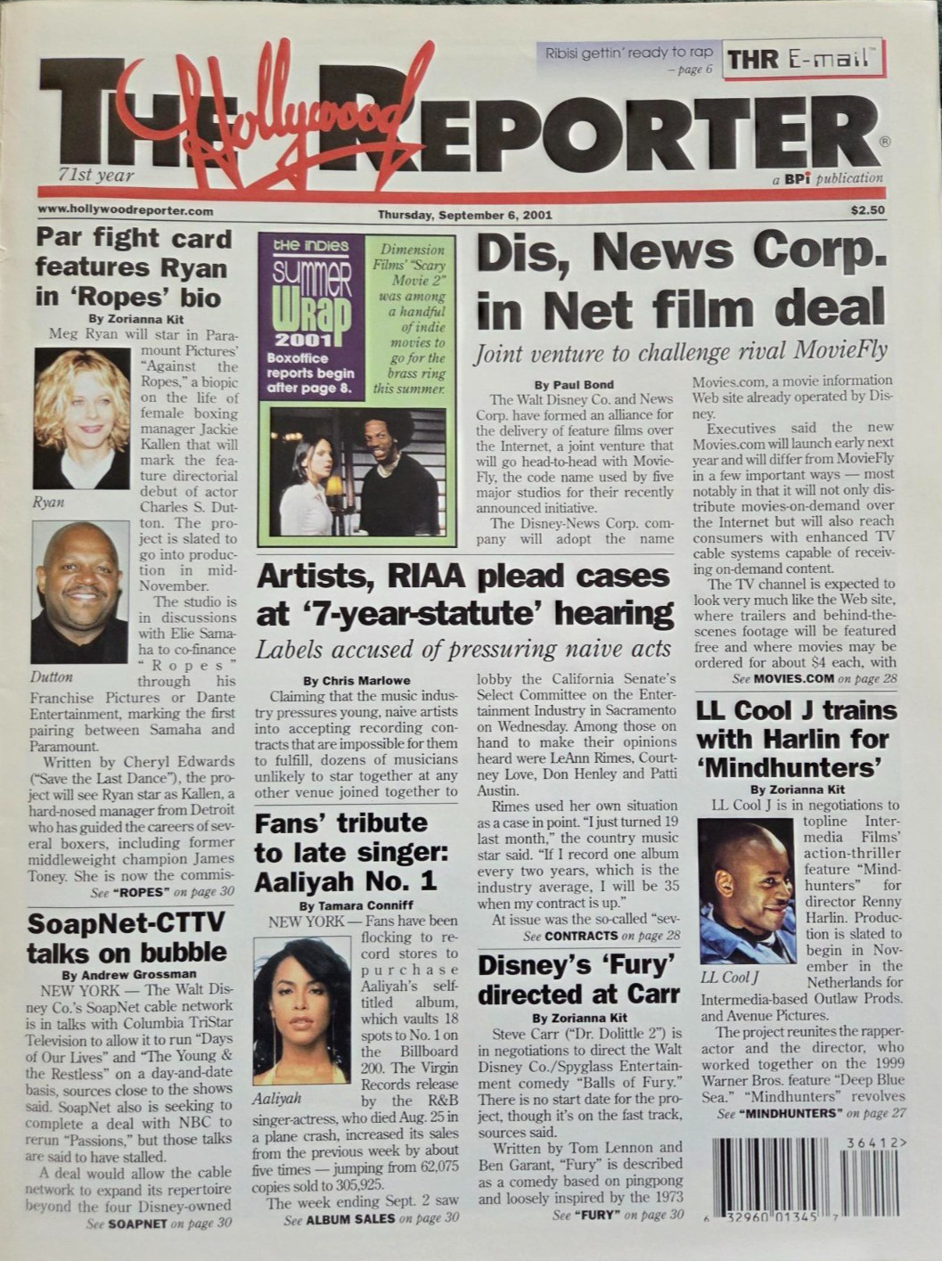 The Hollywood Reporter Magazine September 6, 2001 Nice Front Cover