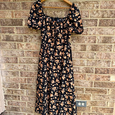 SHEIN Black Peach Floral Square Neck Puff Short Sleeve A-Line Midi Dress S