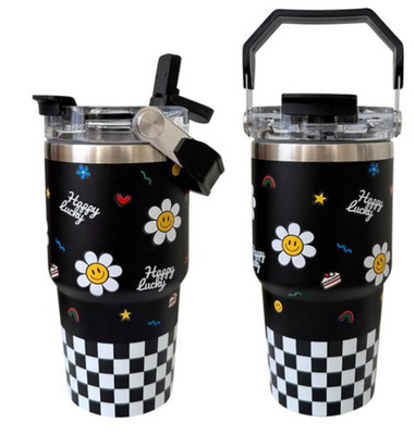 Smile Daisy Insulated Stainless Steel Tumbler with Pretty Handle and Straw