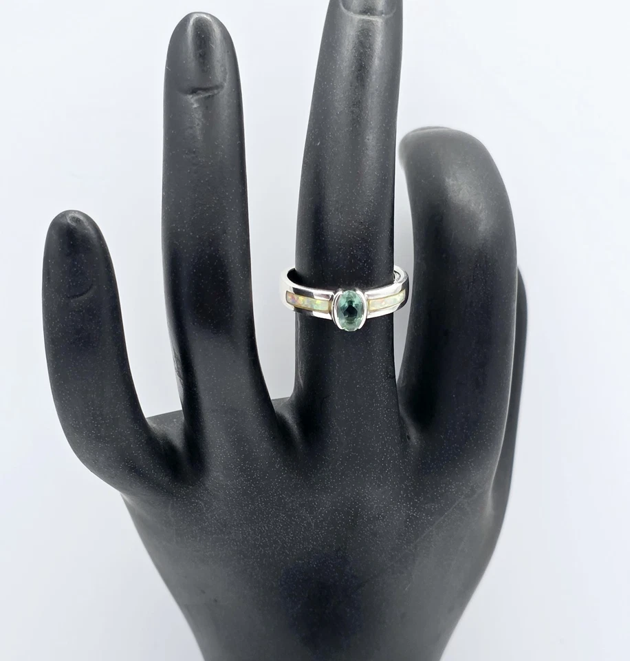 Vintage Signed Sterling Silver Aquamarine Opal Gemstone Ring Signed Native MF - Image 2 of 4