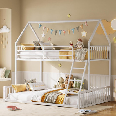 Twin Over Full House Bunk Bed Frame with Ladder and Guardrail, White
