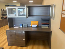 L-Shaped Corner Office Desk w/ Hutch, Overhead Cabinets, File Drawers, Woodgrain