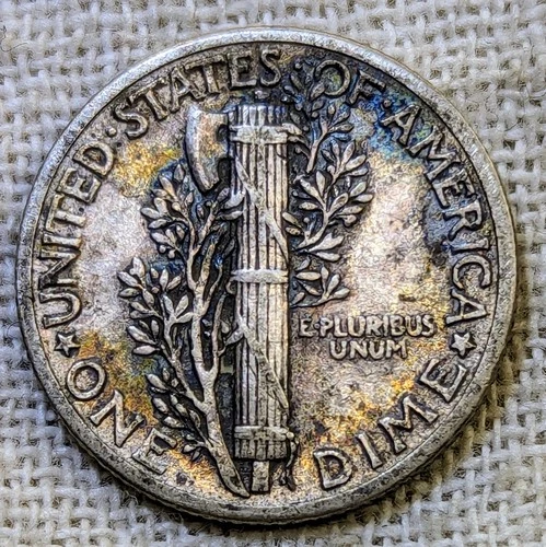 1938 Mercury Dime XF : Extra Fine, Colorful Monster Tone - .9 Fine Silver Coin