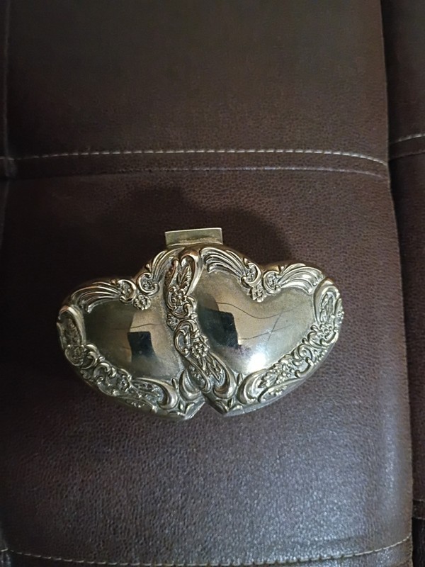 Vintage Silver Double Heart Hinged Jewelry Box Blue Velvet Lining, 4.5"x2.5"x2"