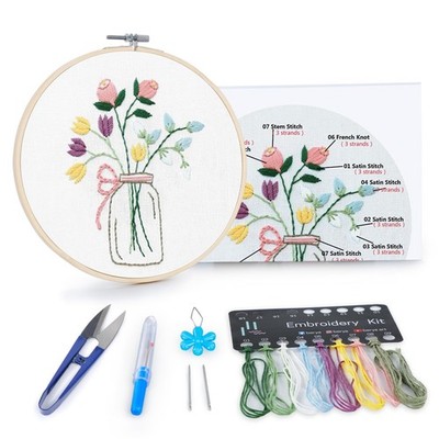 BERYA Flowers Embroidery Kit 8.75 x 7 x 0.9 inches, flower and vase white 