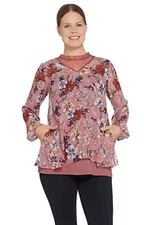 LOGO Lori Goldstein XL Floral Blouse Mesh Ruffle Neck Top Layered Blush NWOT