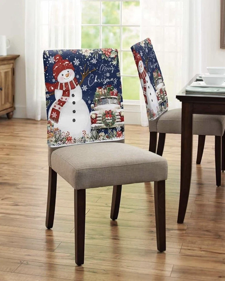 Christmas Chair Covers Set Of 4 For Dining Room Chair Back Cover Truck Snowman - Image 2 of 4