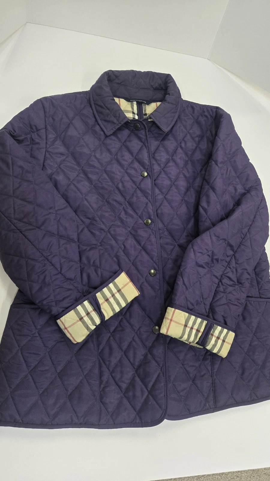 Burberry — Burberry London Quilted Jacket XL Purple Nova Check Lined Made In England NWOT