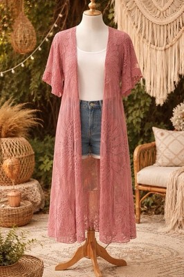 Rebellion Again Dusty Rose Lace Open Duster Overlay Medium Boho Flutter Sleeve