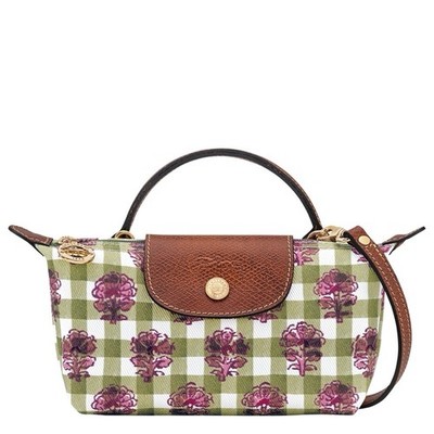 Longchamp XS Le Pliage Pouch In Gingham Print Artichoke Crossbody