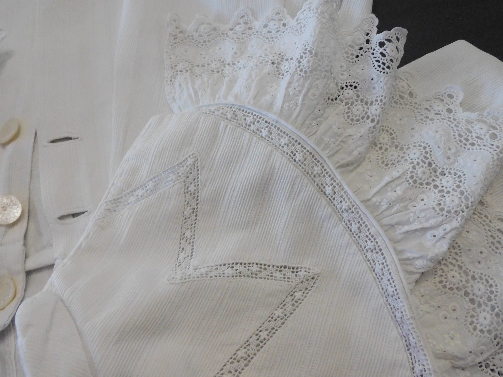 old baptism cotton cape coat - doll, lace inlays