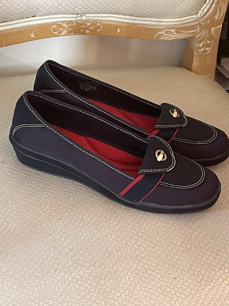 リクエスト　ハンドメイド Grasshoppers Sienna Wedge Loafers Navy Blended Fabrics Womens Size