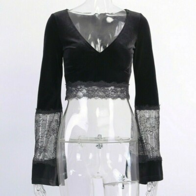 Damen Gothic Bauchfreies Top Retro Victorian Hemd Lolita Spitzenbluse Patchwork
