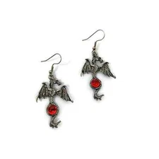 JPI Fashion Earring Silver Tone Dragon with Red Glass Cabochon Gothic CosPlay