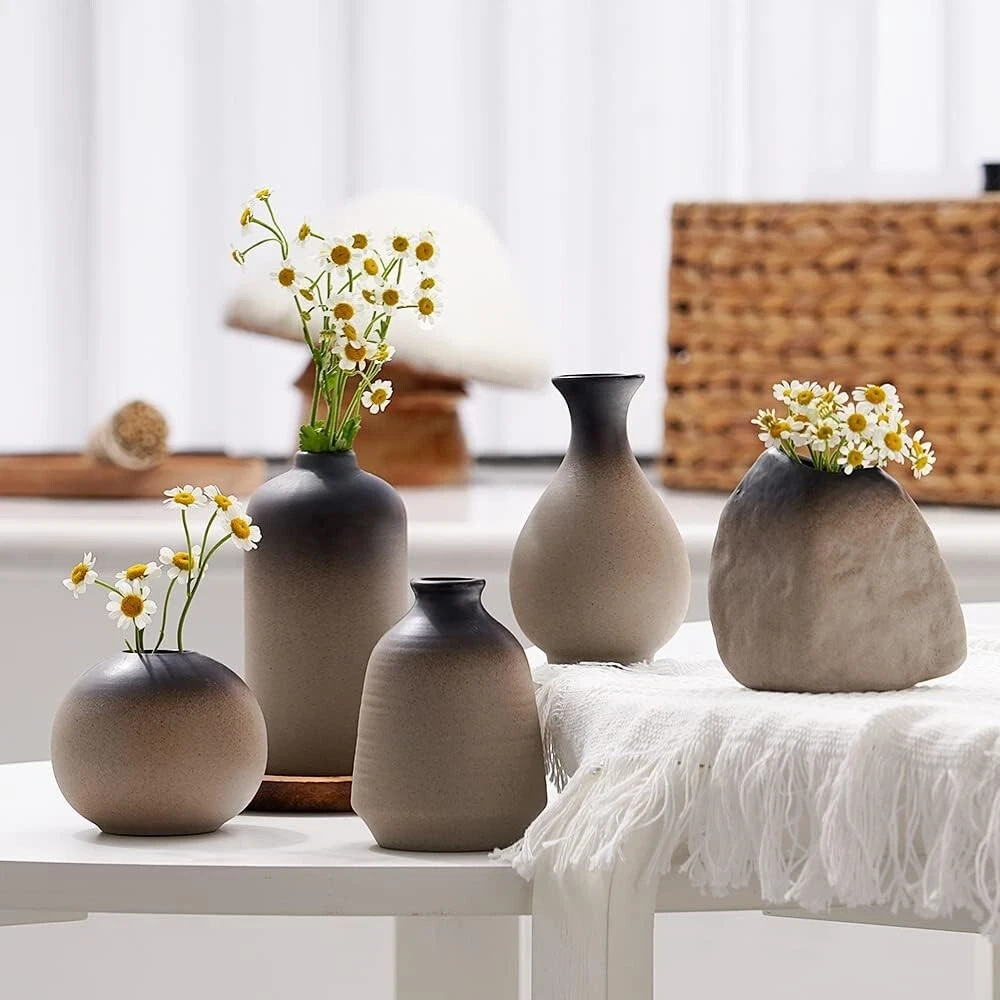 Rustic Bud Vase Set of 5 for Home Decor | Boho Styling Ceramic Pottery for Home,