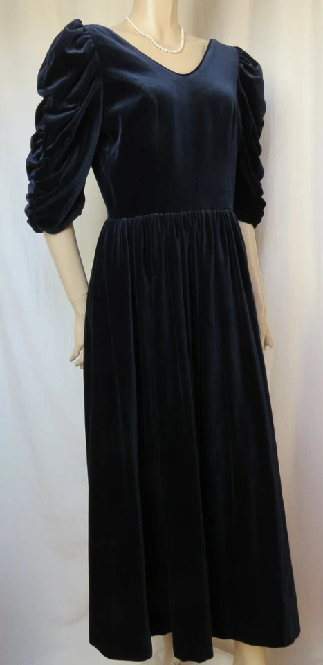 Laura Ashley Samtkleid 38 40 dunkelblau Hochzeit Abendkleid Theater vintage blau - Bild 2 von 4