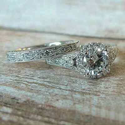 2Ct Round Cut Lab Created Diamond Wedding Bridal Ring Set 14K White ...