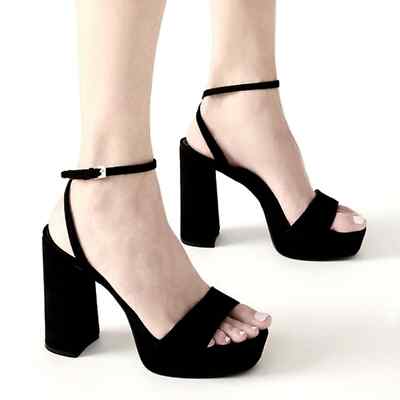 Steve Madden Lessa Black Suede Platform Block Heel Sandals Womens Size  Black