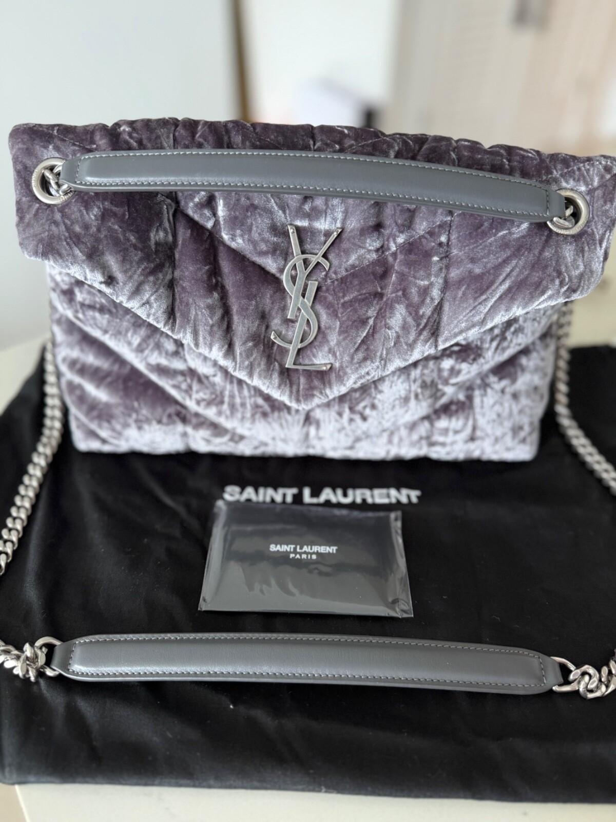 Saint Laurent YSL Loulou Small Puffer Chain Iron Gray Velvet Shoulder Bag