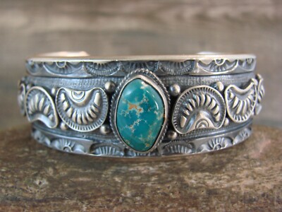 Navajo Indian Sterling Silver & Turquoise Cuff Bracelet Signed Roland Dixon