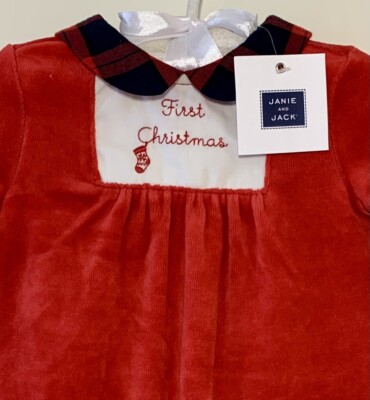 NEW! Janie and Jack Layette 0-3 Months First Christmas Red Velour Outfit NWT $44