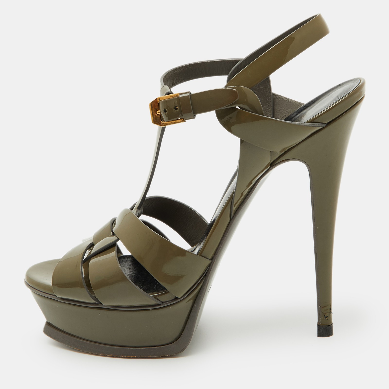Saint Laurent Olive Green Patent Leather Tribute Platform Sandals Size 38
