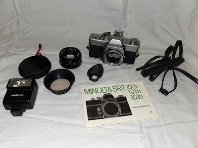 Minolta SRT 100X Spiegelreflexkamera SLR  35mm Kamera, + Blitz, Objetiv, Zubehör