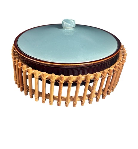 Red Wing Village Green Round Casserole 2 Quart with Lid & Bamboo Basket Server