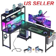 L Shaped Computer Table Gaming Desk LED Light Power Outlet,53"Reversible,Shelves