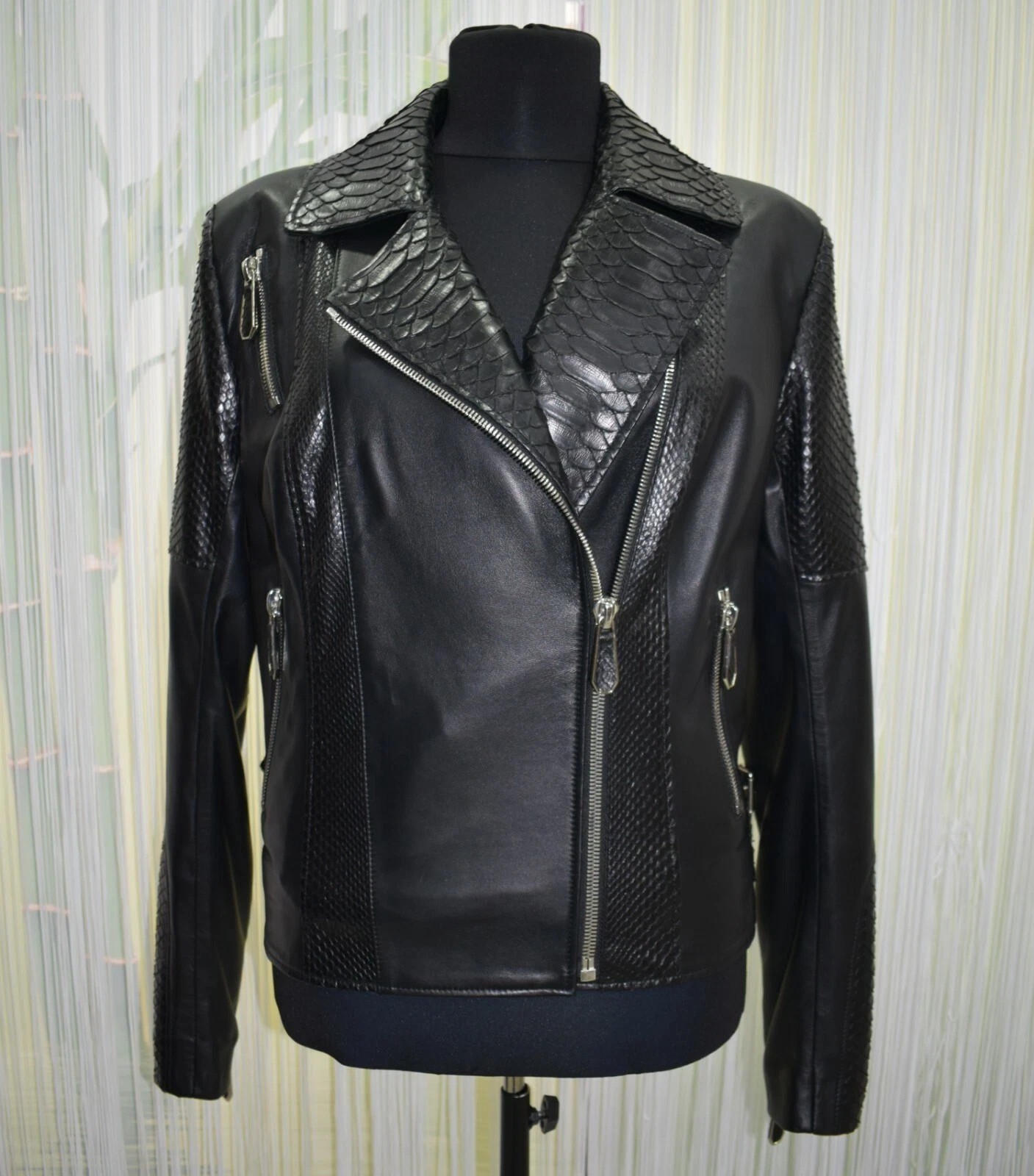 Men’s Black Real Leather Biker Jacket with Python Snakeskin Print