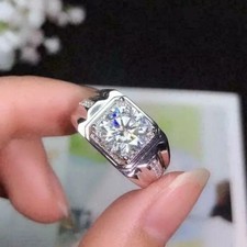 2.00 Ct Round Cut Real Moissanite Men's Engagement Ring 14K White Gold Plated