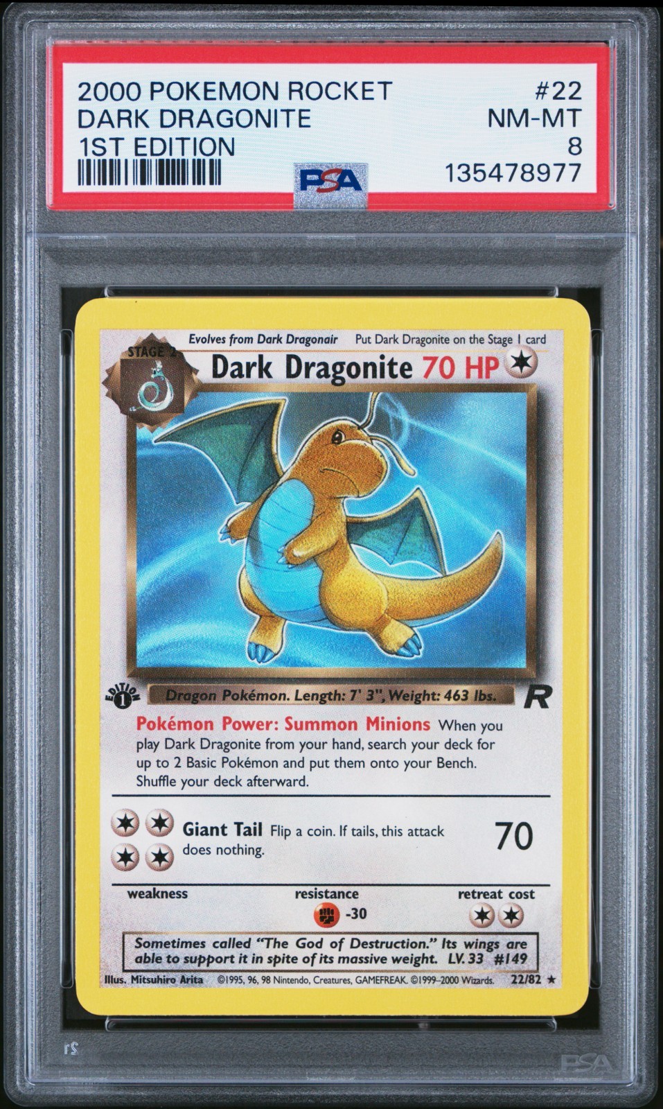 2000 POKEMON ROCKET 1ST ED #22 DARK DRAGONITE PSA 8