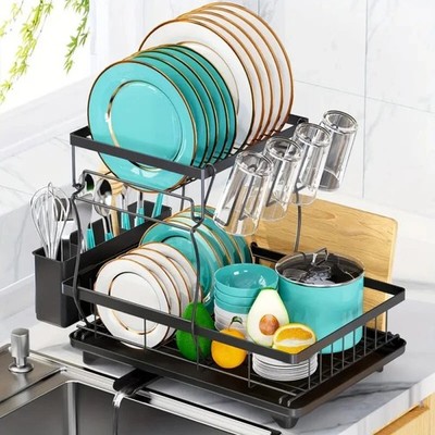 2Tier Dish Drainer Rack With Drip Tray Chrome Plate Cutlery Cup Plates Holder