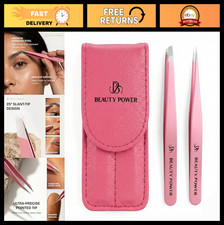 Precision Tweezers Set - Slant Point, Stainless Steel for Eyebrows, Ingrown Ha