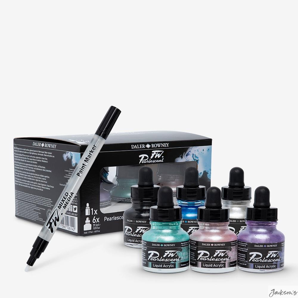 Daler-Rowney FW Artists Ink Pearlescent Liquid Acrylic 29.5ml Set Of 6 For Pa...