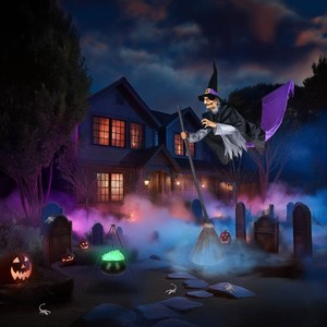 9 Ft Animated Flying Witch on Broom Witches Cauldron on Tripod LED Light