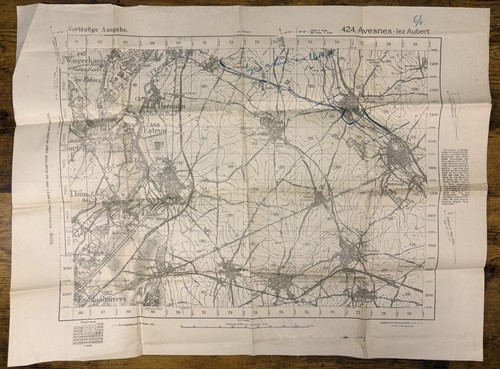 1918 WWI German Military Army Topographical Map Avesnes France Lez Aubert