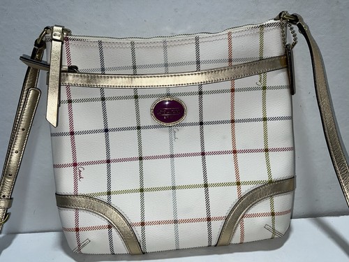 Coach plaid Crossbody Bag Peyton Tattersall Zip Closure Lined Gold Trim F19175 - Picture 3 of 8