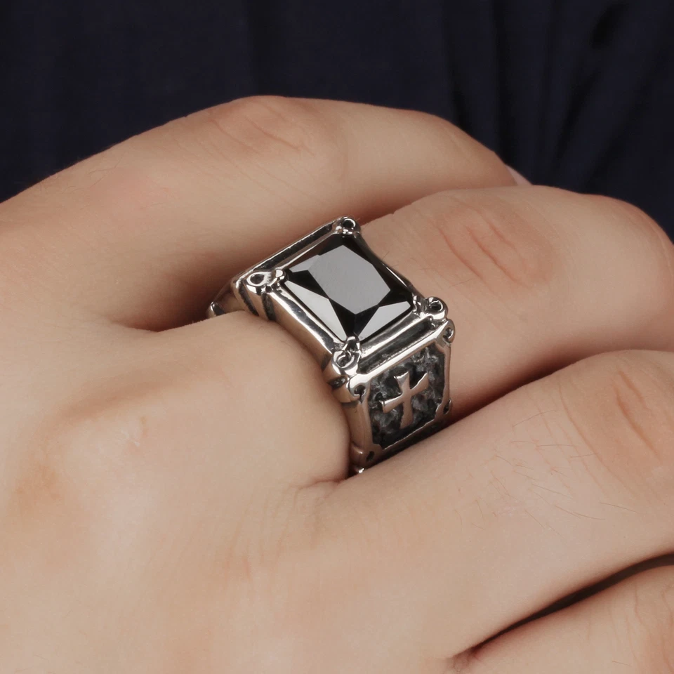 黑色玛瑙骑手不锈钢复古十字戒指男式高品质珠宝 — 第 2/3 张图片